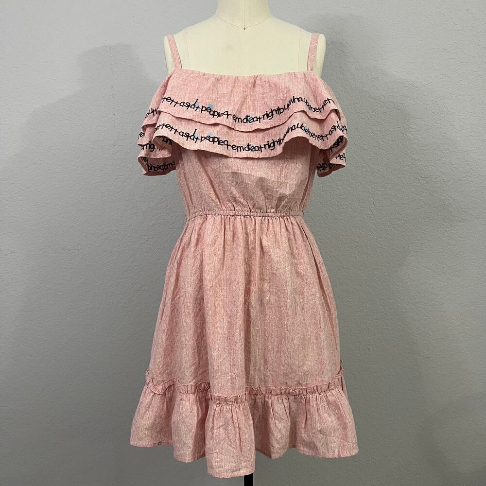 Pink Embroidered Ruffle Mini Dress - Cotton Linen Blend S/M